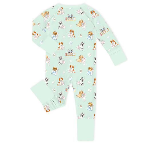 Lucky Mahjong Pups Bamboo Zipper Romper Pajamas