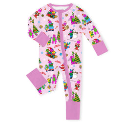 Christmas Pink Dino and Friends on Cotton Pink Baby Bamboo Zipper Romper Pajamas
