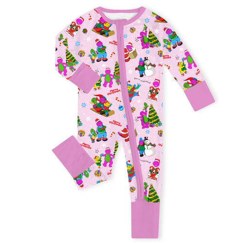 Christmas Pink Dino and Friends on Cotton Pink Baby Bamboo Zipper Romper Pajamas