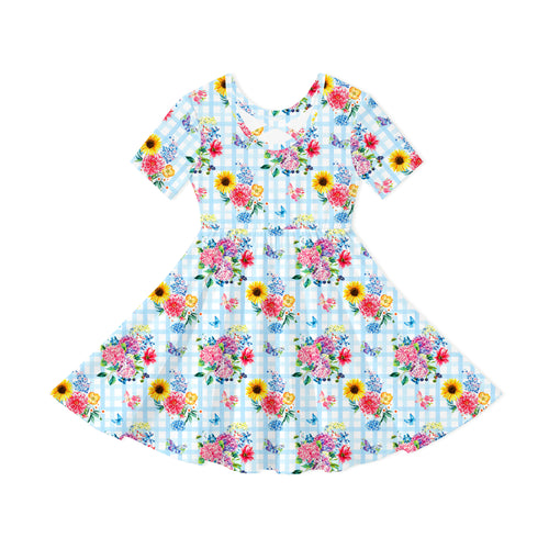 Gingham Garden Bouquet Kid Bamboo Long Sleeve Dress
