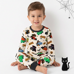 Halloween Smiley Face Car and Bus Pumpkin Kids Two-Piece Pajama Set