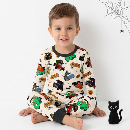 Halloween Smiley Face Car and Bus Pumpkin Kids Two-Piece Pajama Set