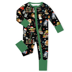 Christmas Galactic and Stars Adventure on Green Baby Bamboo Zipper Romper Pajamas