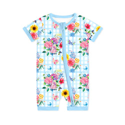 Gingham Garden Bouquet Baby Bamboo Short Zipper Romper Pajamas