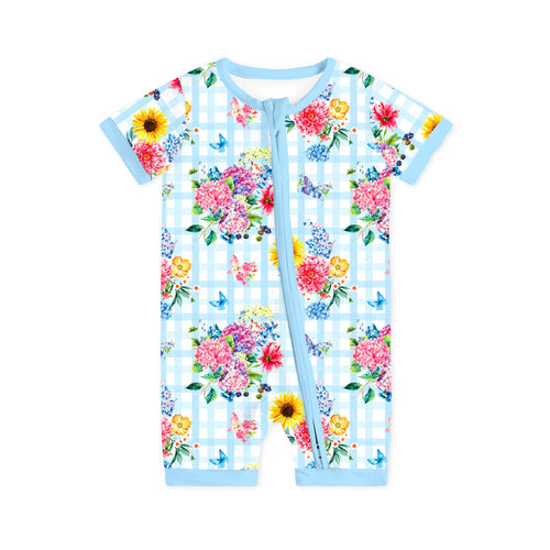Gingham Garden Bouquet Baby Bamboo Short Zipper Romper Pajamas