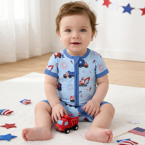 4th of July Stars Truck and Fireworks Blue Short Bamboo Zippy Baby Romper
