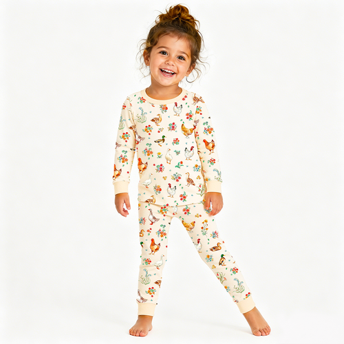 Farm Duck and Chicken in Wildflower Floral Kids Bamboo Two-Piece Pajama Set