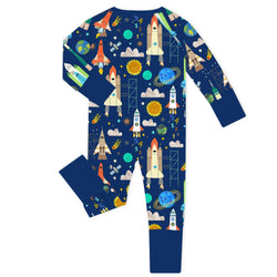 Midnight Space Explorer Rockets and Planets Blue Bamboo Zipper Romper Pajamas