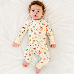 Farm Duck and Chicken in Wildflower Floral Bamboo Zipper Romper Pajamas