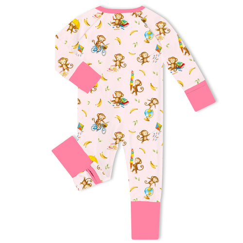 Curious Monkey Playtime Pink Bamboo Zipper Romper Pajamas
