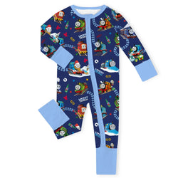 Christmas Train Tracks and Pals on Navy Blue Baby Bamboo Zipper Romper Pajamas