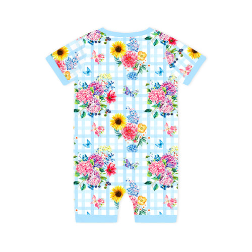 Gingham Garden Bouquet Baby Bamboo Short Zipper Romper Pajamas