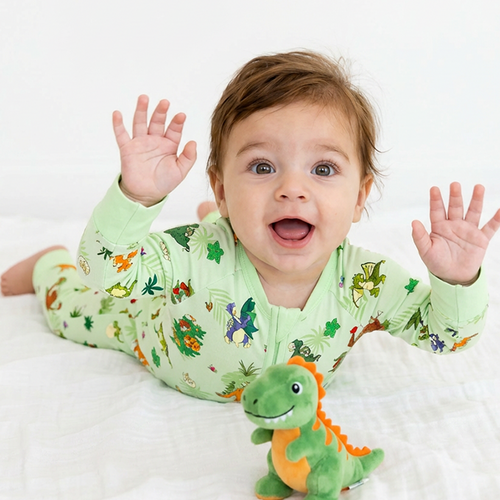 Prehistoric Dino Pals Jungle Playtime Sage Green Bamboo Zipper Romper Pajamas