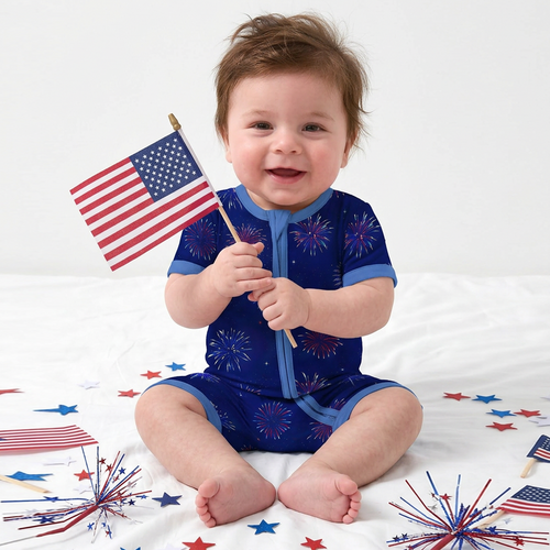 4th of July Colorful Firework Twinkle Stars Navy Short Bamboo Zippy Baby Romper