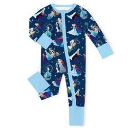 Winter Snowflake Sisters and Friends Blue Baby Bamboo Zipper Romper Pajamas