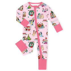 Christmas Dog Friends and Trees Gifts on Pink Baby Bamboo Zipper Romper Pajamas