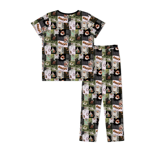 Halloween Western Cowboy Patchwork Print Bamboo Men's Pajamas Set
