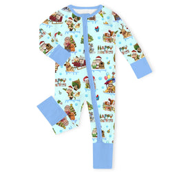 Christmas Adventure Grandpa and Friends on Blue Baby Bamboo Zipper Romper Pajamas