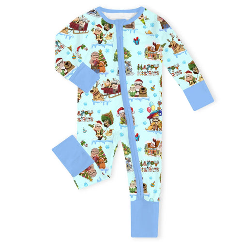 Christmas Adventure Grandpa and Friends on Blue Baby Bamboo Zipper Romper Pajamas