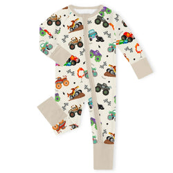 Big Wheels Truck Race Journey on Apricot Bamboo Zipper Romper Pajamas