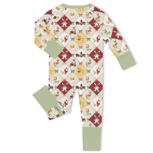 Christmas Farm Animal Patchwork Bamboo Zipper Romper Pajamas
