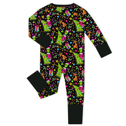 Christmas Tree Green Face Gift Baby Bamboo Zipper Romper Pajamas