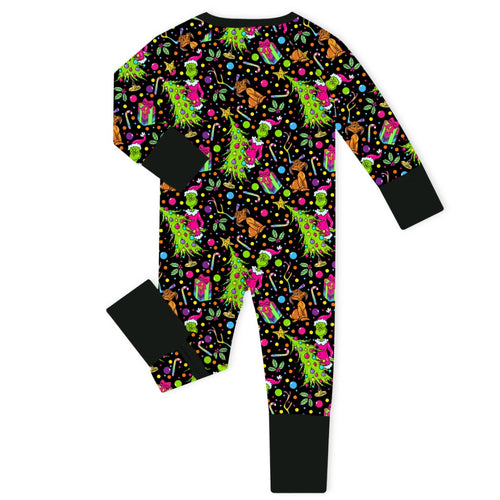 Christmas Tree Green Face Gift Baby Bamboo Zipper Romper Pajamas