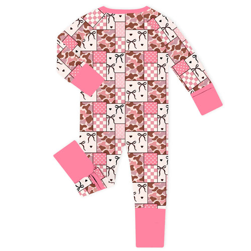 Coquette Bow Patchwork Bamboo Zipper Romper Pajamas