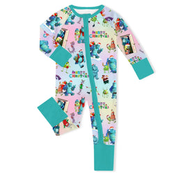 Christmas Blue Monster Friends on Aqua Baby Bamboo Zipper Romper Pajamas