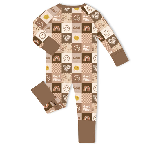 Retro Good Vibes Checkerboard Mocha Bamboo Zipper Romper Pajamas