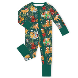 Christmas Safari Lion and Friends on Forest Green Baby Bamboo Zipper Romper Pajamas