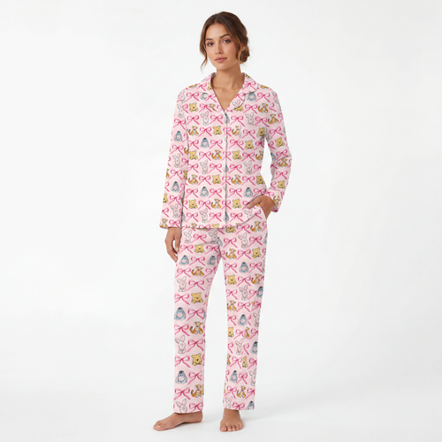 Sunny Bear and Pig Friends Bow Print Bamboo Women's Pajamas Set