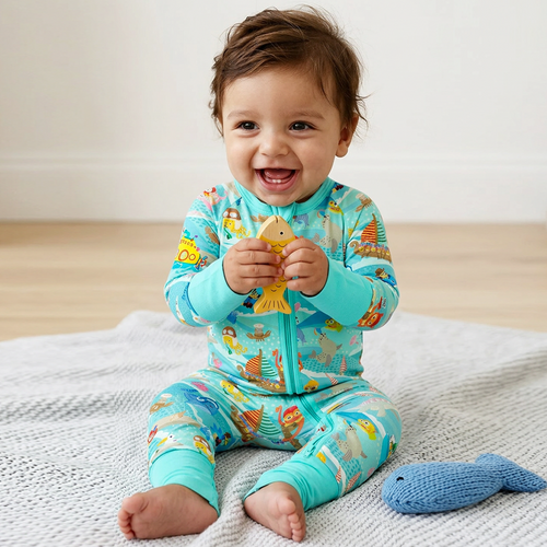 Ocean Sailboat and Sea Animal Parade Bamboo Zipper Romper Pajamas