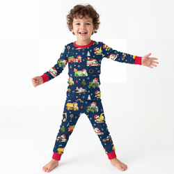 Christmas Winter Trucks Ride Adventure Red Kids Bamboo Two-Piece Pajama Set