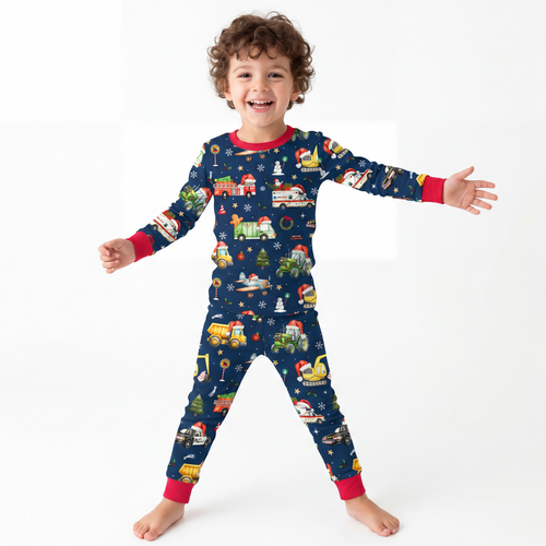 Christmas Winter Trucks Ride Adventure Red Kids Bamboo Two-Piece Pajama Set