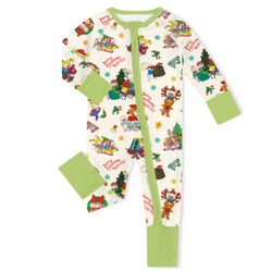 Christmas Green Naughty and Friends Baby Bamboo Zipper Romper Pajamas