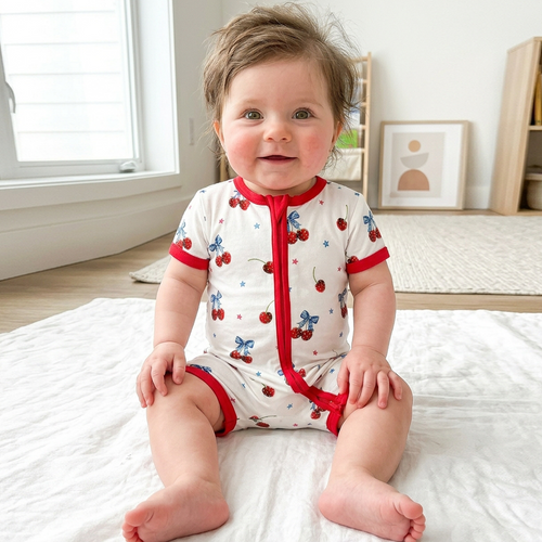 4th of July Cherry Bow Twinkling Stars Short Bamboo Zippy Baby Romper