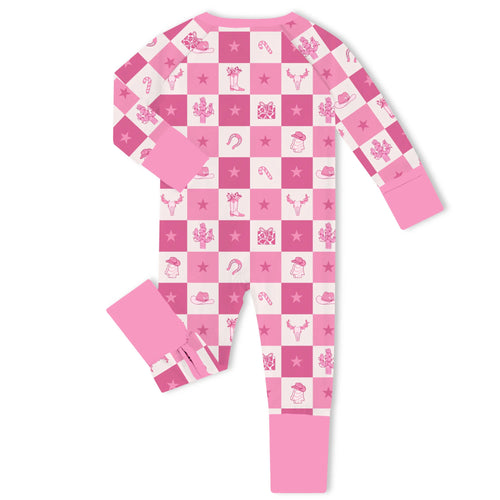 Christmas Cowgirl Checkerboard Bamboo Zipper Romper Pajamas