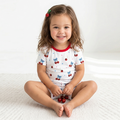 4th of July Cherry Bow Twinkling Stars Kids Bamboo Two-Piece Pajama Short Sleeve Set