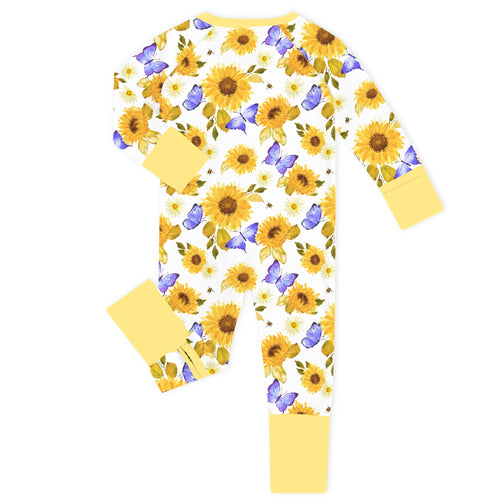 Sunflower Bloom Yellow Bamboo Zipper Romper Pajamas