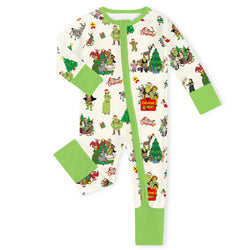 Christmas Green Swamp Monster Family Celebration Baby Bamboo Zipper Romper Pajamas