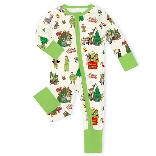 Christmas Green Swamp Monster Family Celebration Baby Bamboo Zipper Romper Pajamas