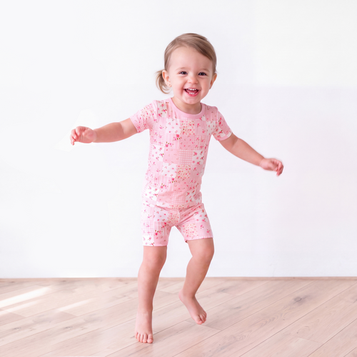 Valentine Floral Quilt Kids Bamboo Two-Piece Pajama Short Sleeve Set