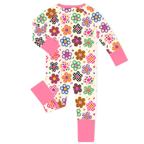Groovy Daisy Power Pink Bamboo Zipper Romper Pajamas