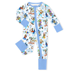 Christmas Blue Check Merry Dog Life Baby Bamboo Zipper Romper Pajamas