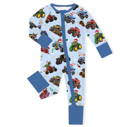 Christmas Colorful Truck Ride Game on Blue Baby Bamboo Zipper Romper Pajamas