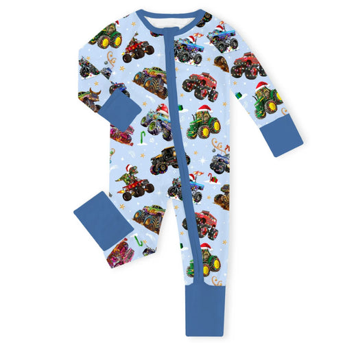 Christmas Colorful Truck Ride Game on Blue Baby Bamboo Zipper Romper Pajamas