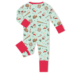Christmas Baseball Holiday Red Bamboo Zipper Romper Pajamas