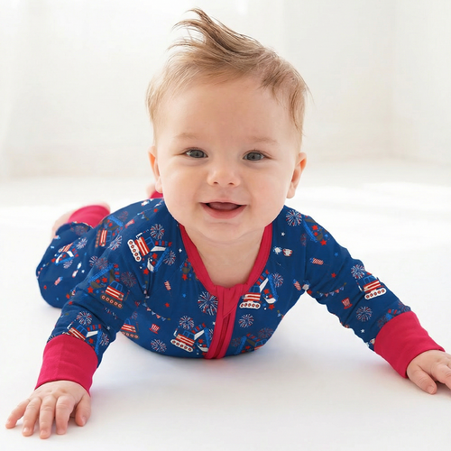 4th of July Red White Fireworks and Truck Bamboo Zipper Romper Pajamas