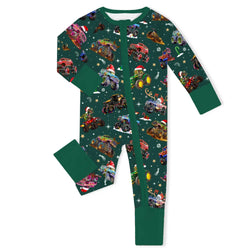 Christmas Colorful Truck Ride Game Baby Bamboo Zipper Romper Pajamas